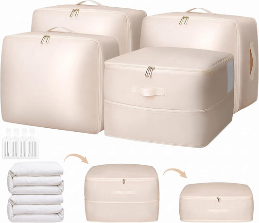 4 Pack Comforter Storage Bag, 68L Blanket Storage Bags Self Compression Comforter Organizer and Storages, Space Saving Washable Compression Bags for Blanket Bedding Pillow Duvet Quilt, Beige