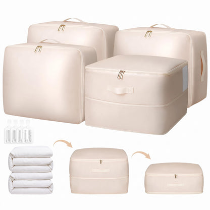 4 Pack Comforter Storage Bag, 68L Blanket Storage Bags Self Compression Comforter Organizer and Storages, Space Saving Washable Compression Bags for Blanket Bedding Pillow Duvet Quilt, Beige