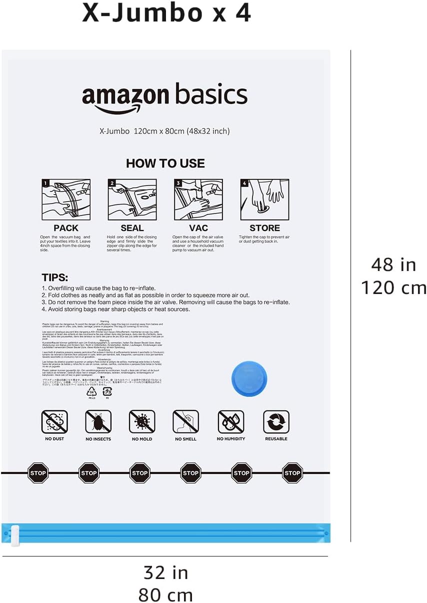 Amazon Basics Vacuum Storage Bags for Blankets, Vacuum Compression Space Saving Storage Bags with Hand Pump for Clothes Packing, X-Jumbo, 4-Pack