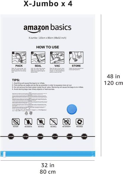 Amazon Basics Vacuum Storage Bags for Blankets, Vacuum Compression Space Saving Storage Bags with Hand Pump for Clothes Packing, X-Jumbo, 4-Pack