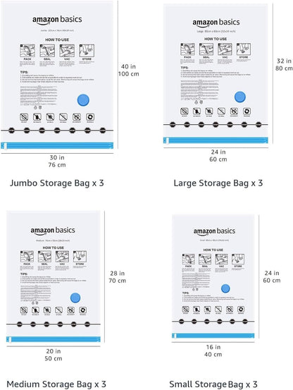 Amazon Basics Vacuum Storage Bags with Hand Pump for Travel, Space Saving Compression Bags for Clothes and Blankets, Clear, 12 Pack (3 Small, 3 Medium, 3 Large & 3 Jumbo)