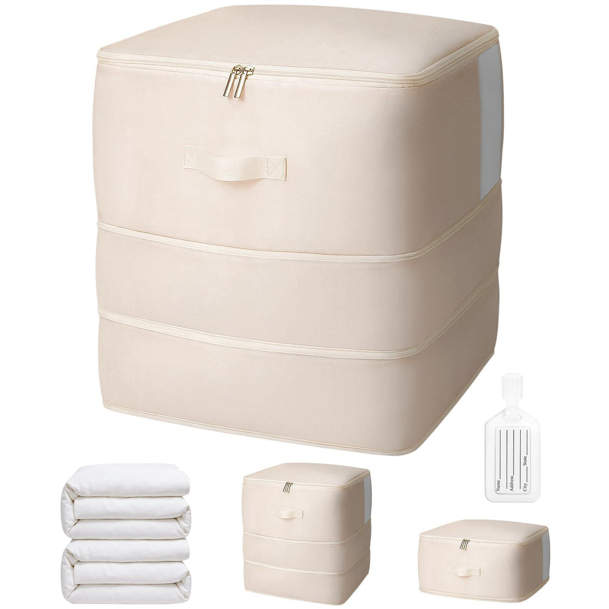 4 Pack Comforter Storage Bag, 68L Blanket Storage Bags Self Compression Comforter Organizer and Storages, Space Saving Washable Compression Bags for Blanket Bedding Pillow Duvet Quilt, Beige