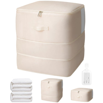 4 Pack Comforter Storage Bag, 68L Blanket Storage Bags Self Compression Comforter Organizer and Storages, Space Saving Washable Compression Bags for Blanket Bedding Pillow Duvet Quilt, Beige