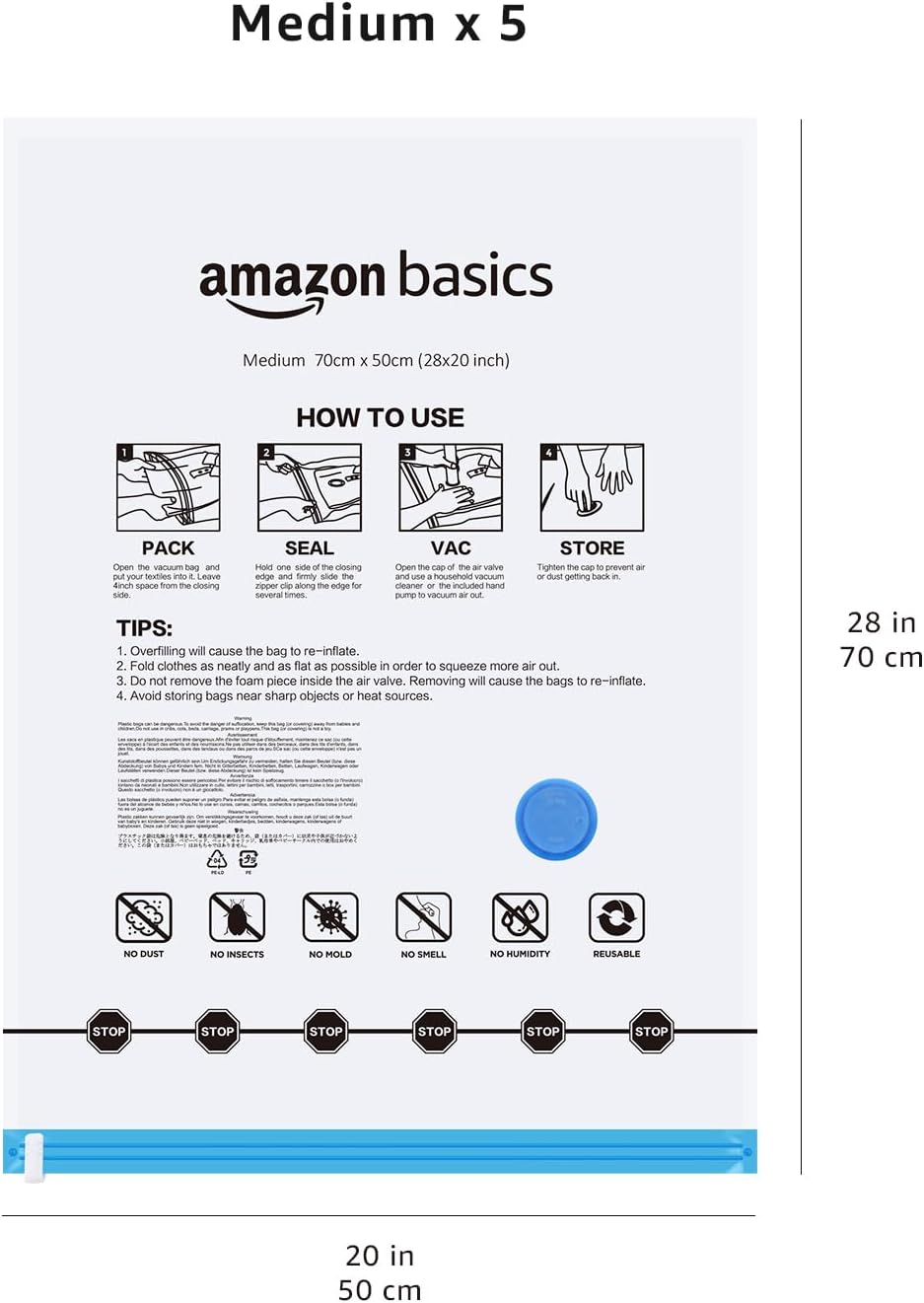 Amazon Basics Vacuum Storage Bags for Clothes, Compression Zipper with Hand Pump, Medium, White, Sky Blue, 5-Pack