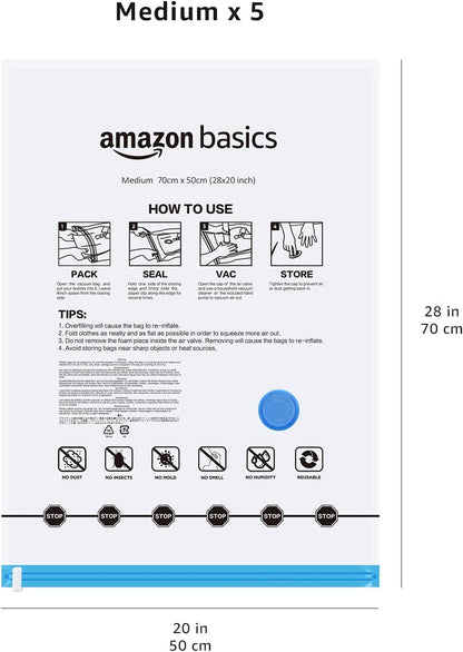 Amazon Basics Vacuum Storage Bags for Clothes, Compression Zipper with Hand Pump, Medium, White, Sky Blue, 5-Pack