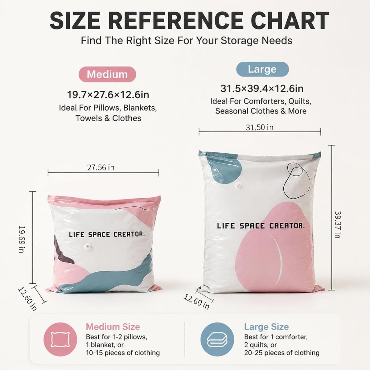 No Pump Vacuum Storage Bags – 3D Cube Stand-Up Design, Jumbo & Medium Sizes, PA+PE Thick Material for Clothes, Comforters & Bedding, Reusable No Pump Large Vacuum Storage Compression Bags (M+L)