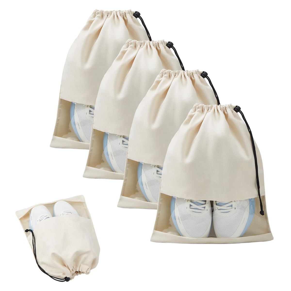 4 Pcs Shoe Bags for Travel with Clear TPU Window & Drawstring Closure