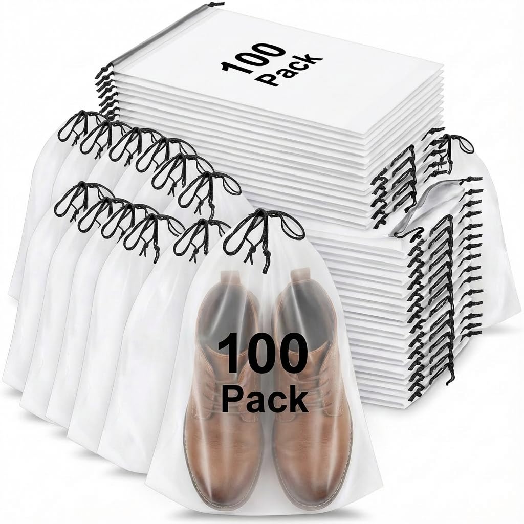 100 Pack Travel Shoe Bags, Waterproof Clear Shoe Storage Bags with Drawstring, Large Portable Shoe Organizer for Packing, 15.7 x 11.8 Inch Travel Essentials for Women and Men (Translucent)