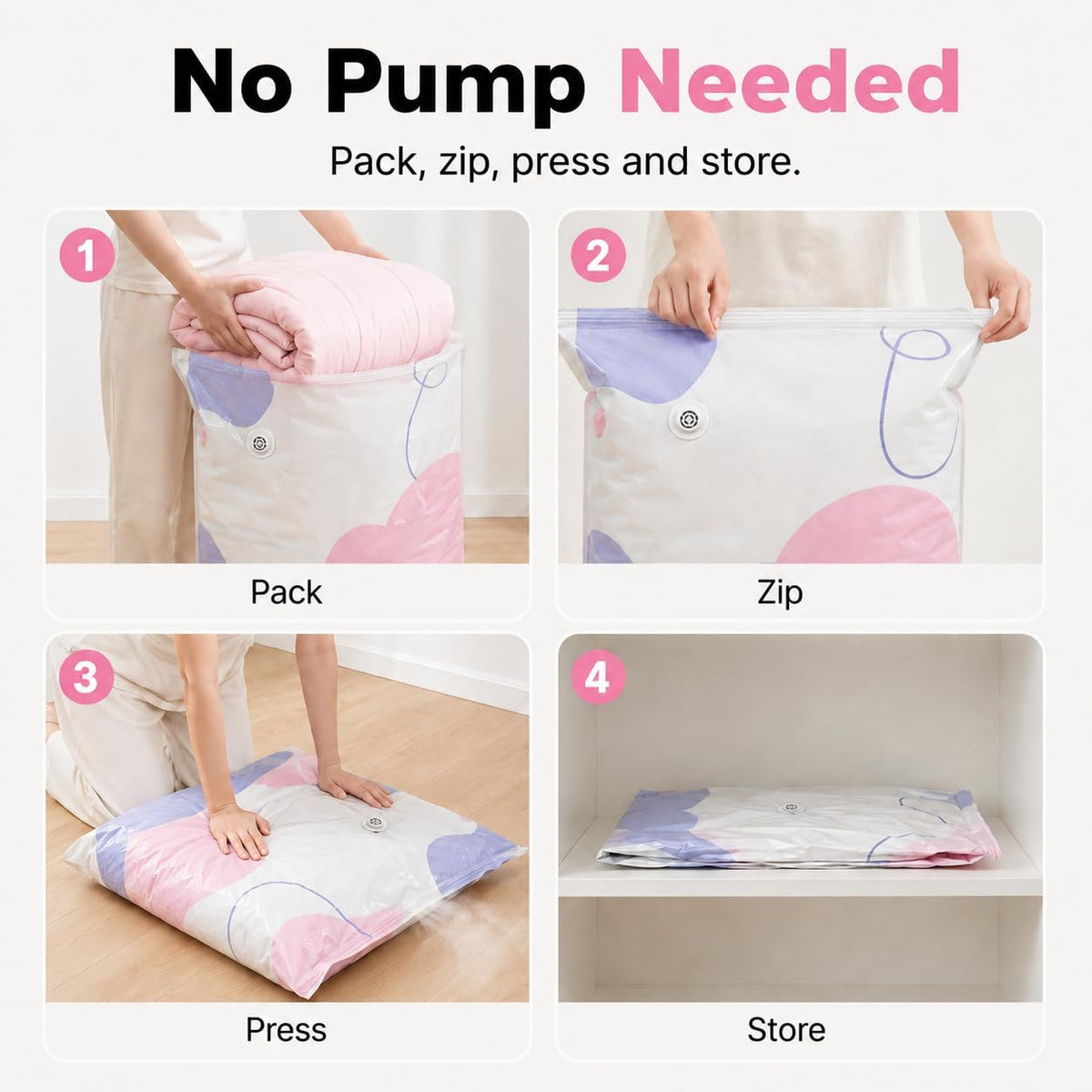 3 Pack No Pump Vacuum Storage Bags, Large 3D Cube Space Saver Bags