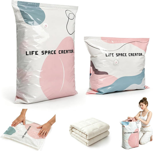 No Pump Vacuum Storage Bags – 3D Cube Stand-Up Design, Jumbo & Medium Sizes, PA+PE Thick Material for Clothes, Comforters & Bedding, Reusable No Pump Large Vacuum Storage Compression Bags (M+L)