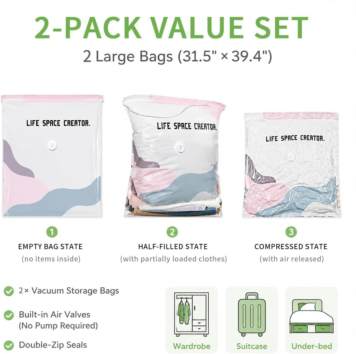 2Pcs (L/XL) No Pump Vacuum Storage Bags, Cube Compression Space Saver Bags for Clothes, Comforters, Blankets, Pillows and Bedding, Reusable Vacuum Seal Storage Bags