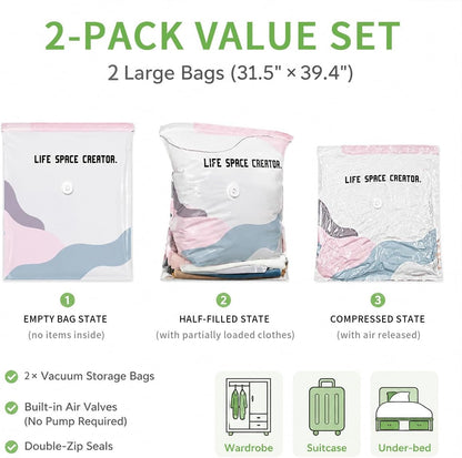 2Pcs (L/XL) No Pump Vacuum Storage Bags, Cube Compression Space Saver Bags for Clothes, Comforters, Blankets, Pillows and Bedding, Reusable Vacuum Seal Storage Bags