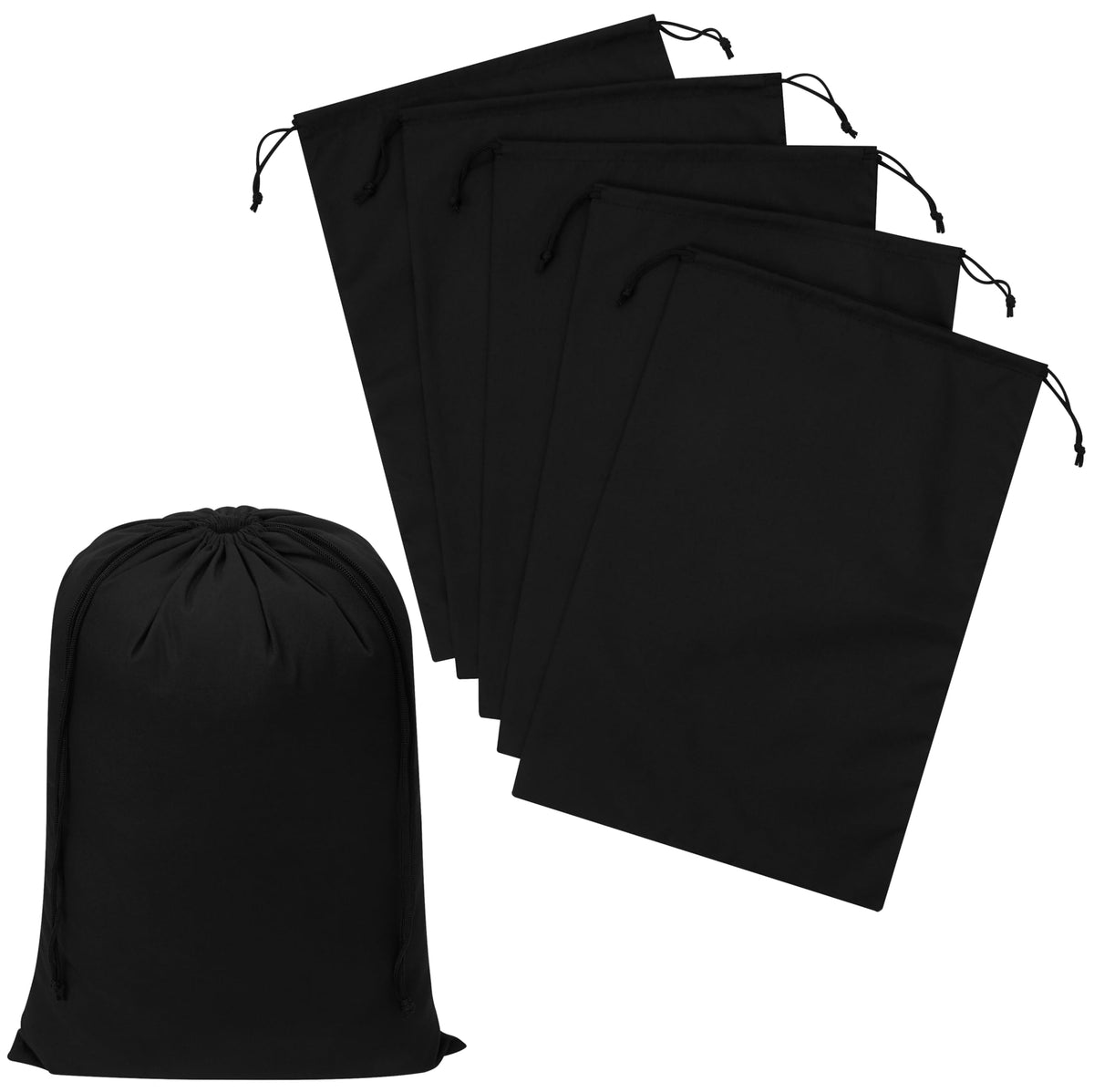 Black Cotton Drawstring Bags, Reusable Quality with Double String, For Storage Pantry Shoes Wardrobe Travel - Pack of 6 (Black Cotton Blend, 12 x 16 Inch)