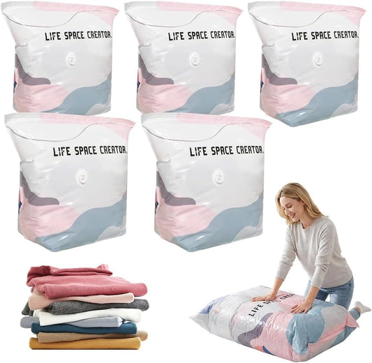 5 Pieces No Pump Vacuum Storage Bags, 2026 New No-Pump 3D Vacuum Storage Bags, Large Vacuum Storage Compression Bags for Clothes, Blankets, Bedding, Comforters (5, Multicolor, M)