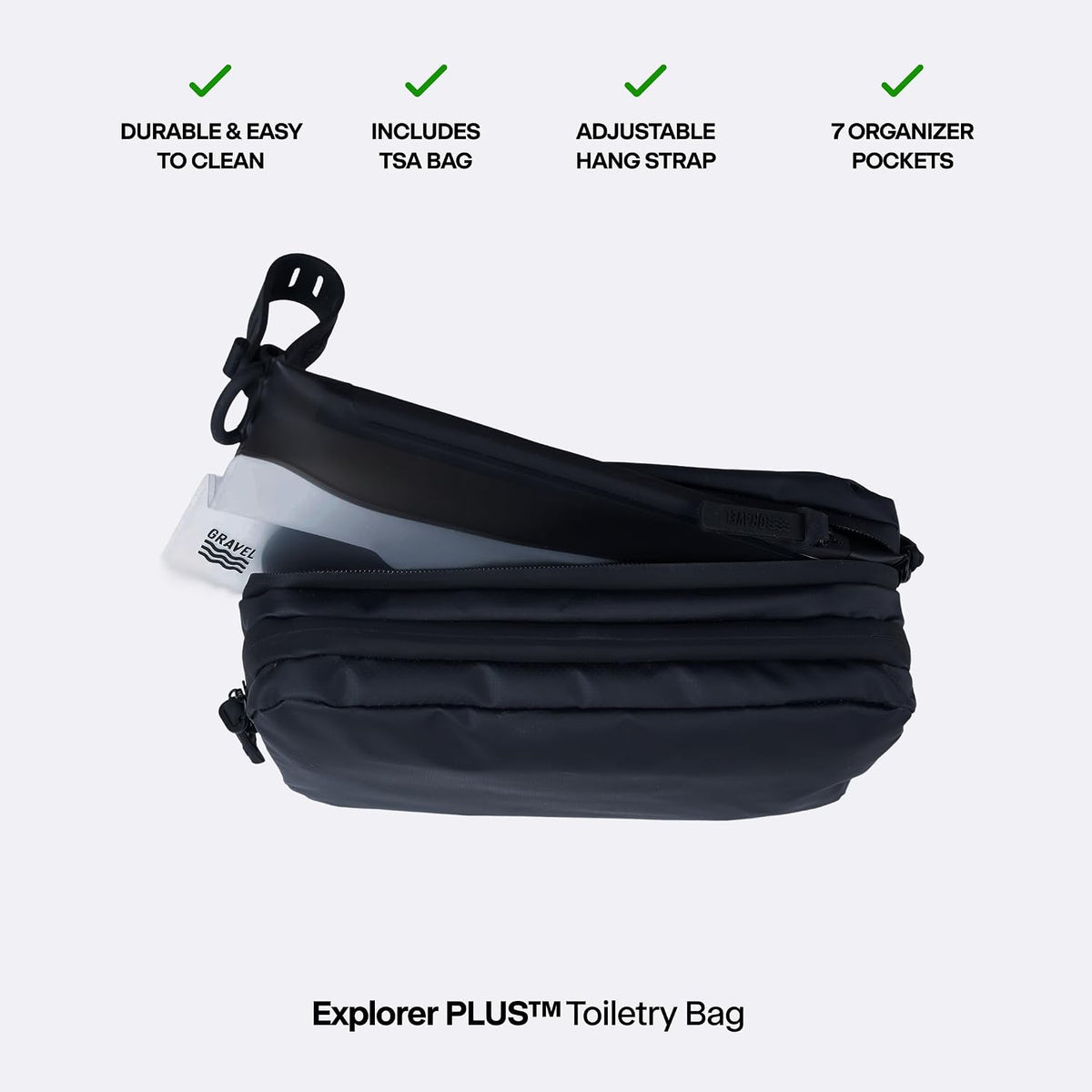 Gravel Hanging Toiletry Bag for Men and Women - Comes in 2 Sizes, Water-Resistant, Durable, Compact, Dopp Kit Travel Toiletry bag (Black, Plus)