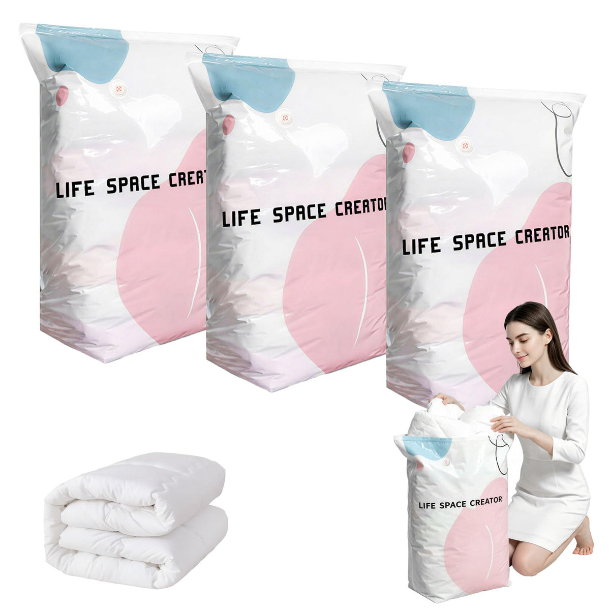 2PCS No Pump Vacuum Storage Bags, No Pump Large Vacuum Storage Compression Bags, Thick Airtight Reusable Organizer for Clothes Comforters Travel Moving Closet Storage (M+L)