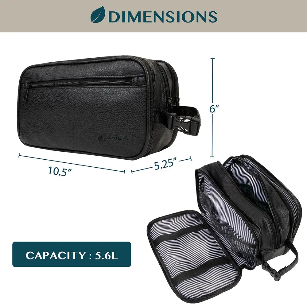PAVILIA Toiletry Bag for Men, Travel Toiletries Bag | Water-resistant Dopp Kit, PU Leather Shaving Pouch Organizer for Accessories, Cosmetic, Hygiene, Grooming Essentials