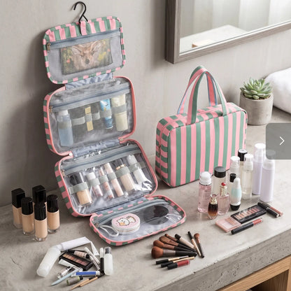 Hanging Toiletry Bag for Women, Striped Travel Makeup Cosmetic Organizer Case with Metal Hook, Large Capacity Portable Wash Bag with Clear Pockets for Bathroom & Vacation