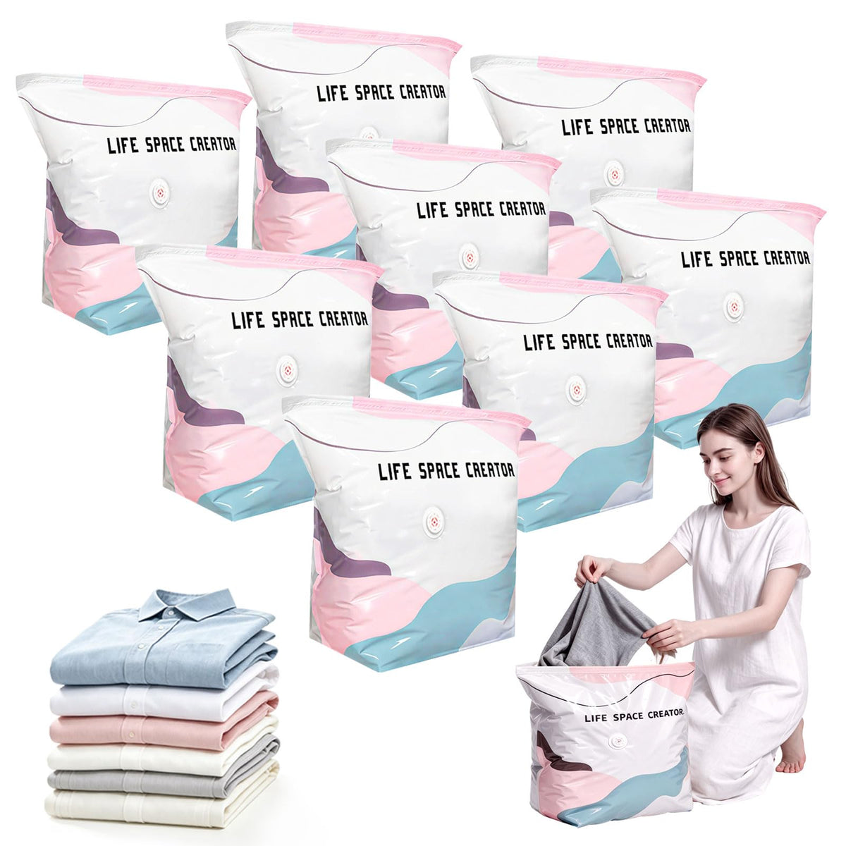 2PCS No Pump Vacuum Storage Bags, No Pump Large Vacuum Storage Compression Bags, Thick Airtight Reusable Organizer for Clothes Comforters Travel Moving Closet Storage (M+L)