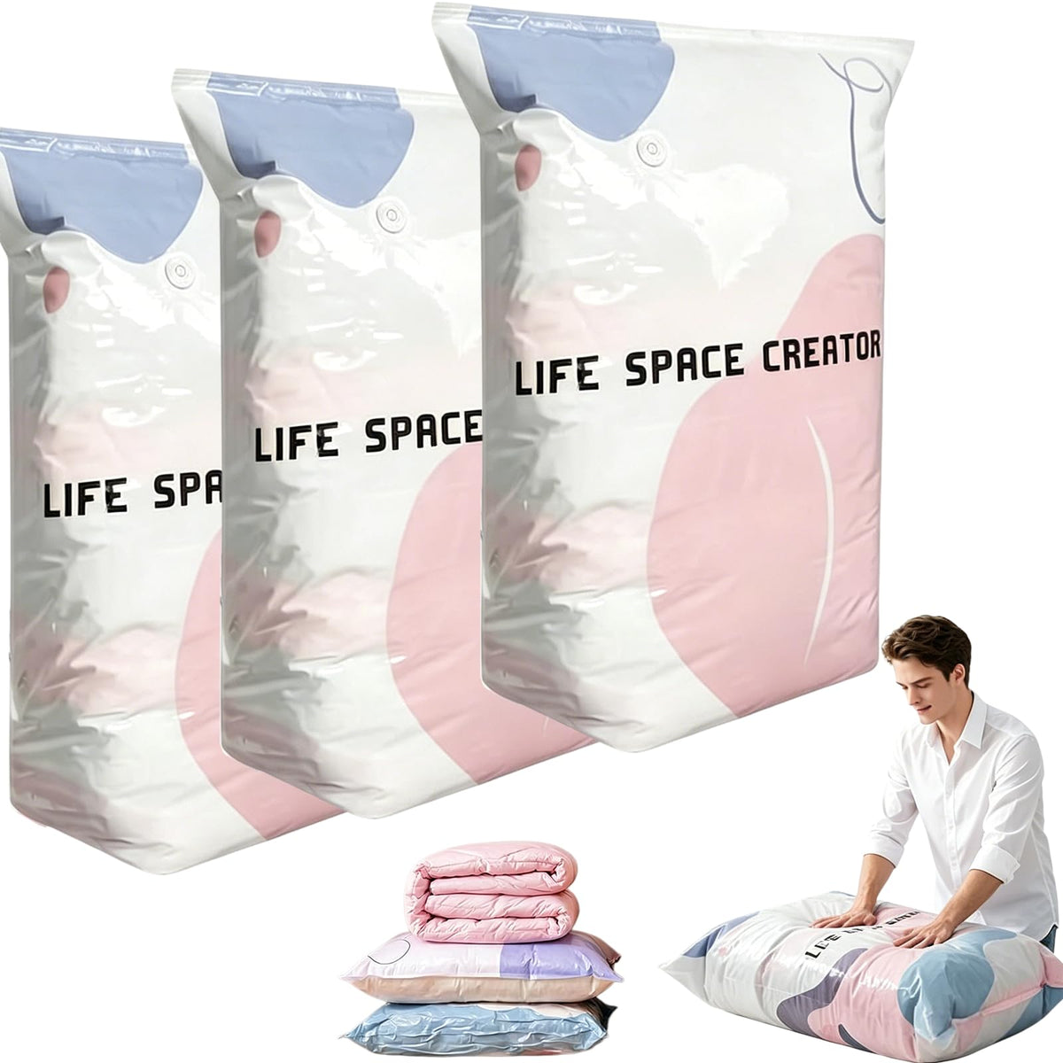 No-Pump Vacuum Storage Bags, 2026 New Cube Compression Space Saver Bags, Upgrade Large Storage Compression Bags No-Pump 3D Vacuum Storage Bags for Clothes, Comforters, Blankets