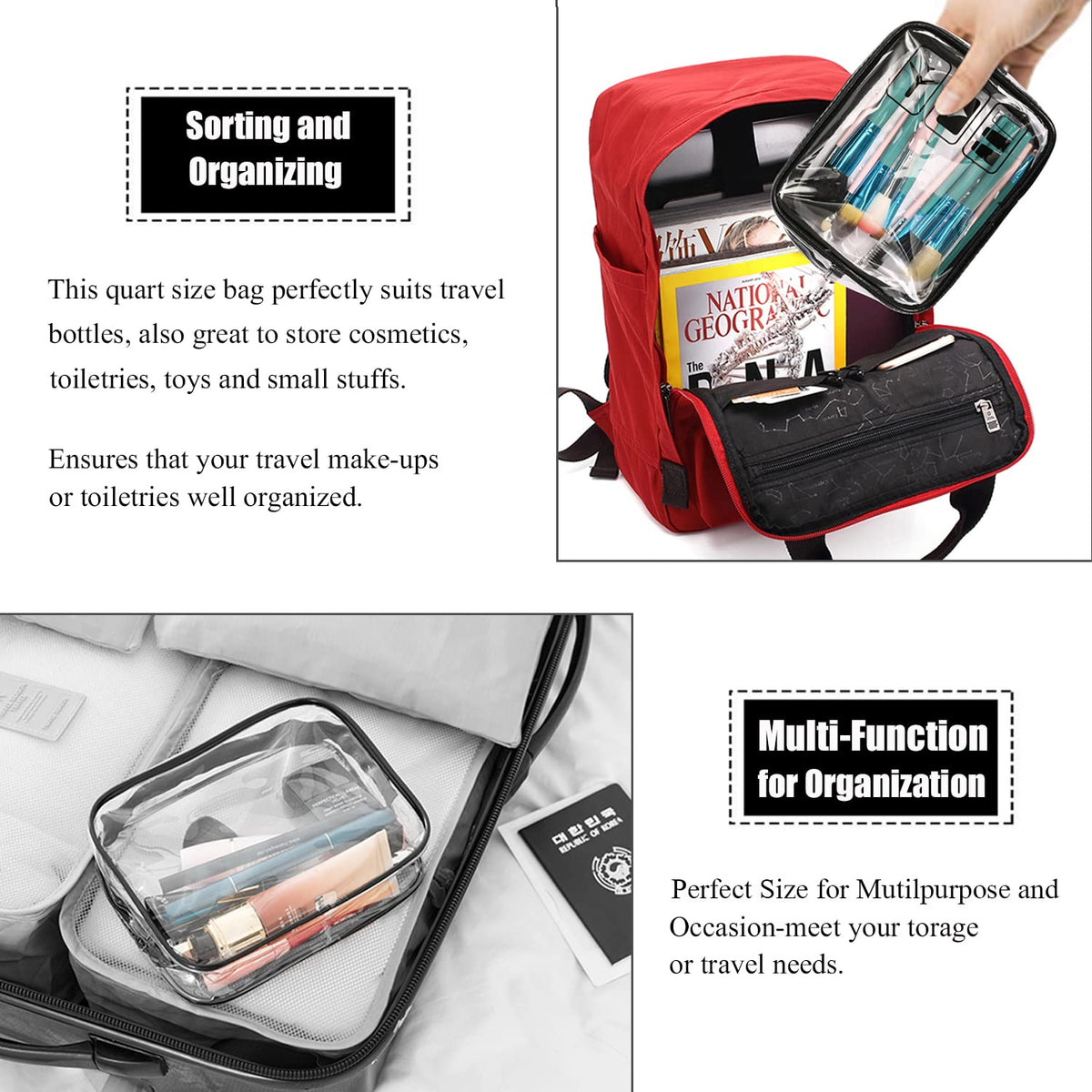 TSA Approved Toiletry Bag, 3 Pcs Clear Toiletries Bags Quart Size, Black