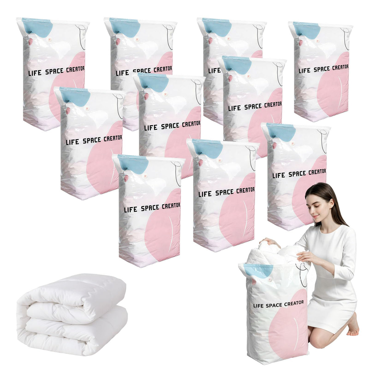 2PCS No Pump Vacuum Storage Bags, No Pump Large Vacuum Storage Compression Bags, Thick Airtight Reusable Organizer for Clothes Comforters Travel Moving Closet Storage (M+L)