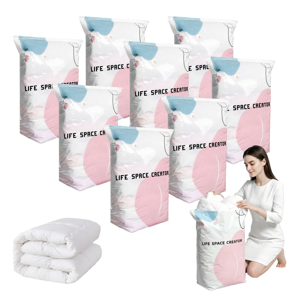 2PCS No Pump Vacuum Storage Bags, No Pump Large Vacuum Storage Compression Bags, Thick Airtight Reusable Organizer for Clothes Comforters Travel Moving Closet Storage (M+L)
