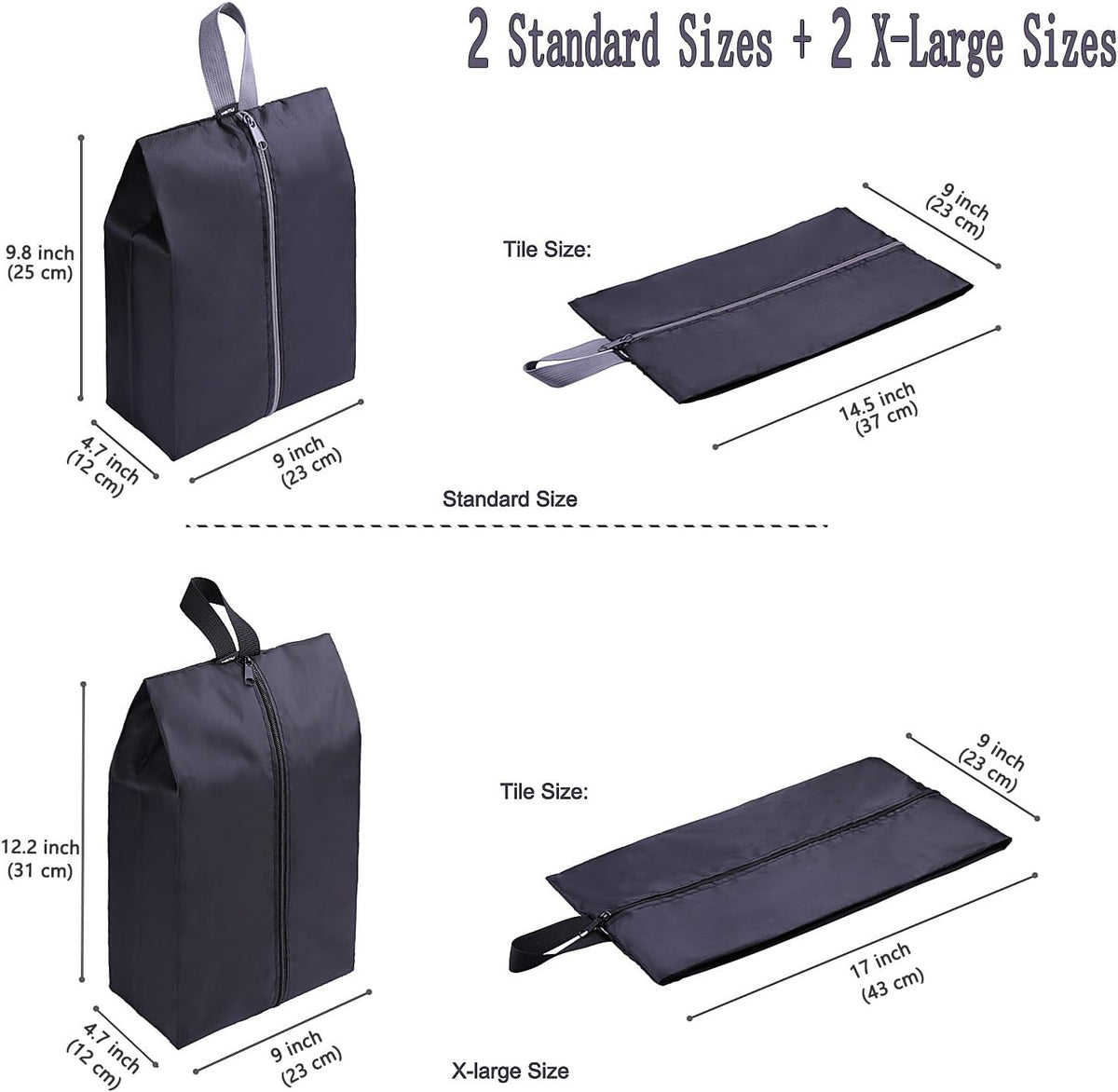 YAMIU Travel Shoe Bags Set of 4 Waterproof Nylon with Zipper for Men & Women, Black