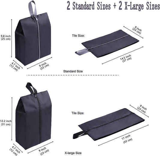 YAMIU Travel Shoe Bags Set of 4 Waterproof Nylon with Zipper for Men & Women, Black