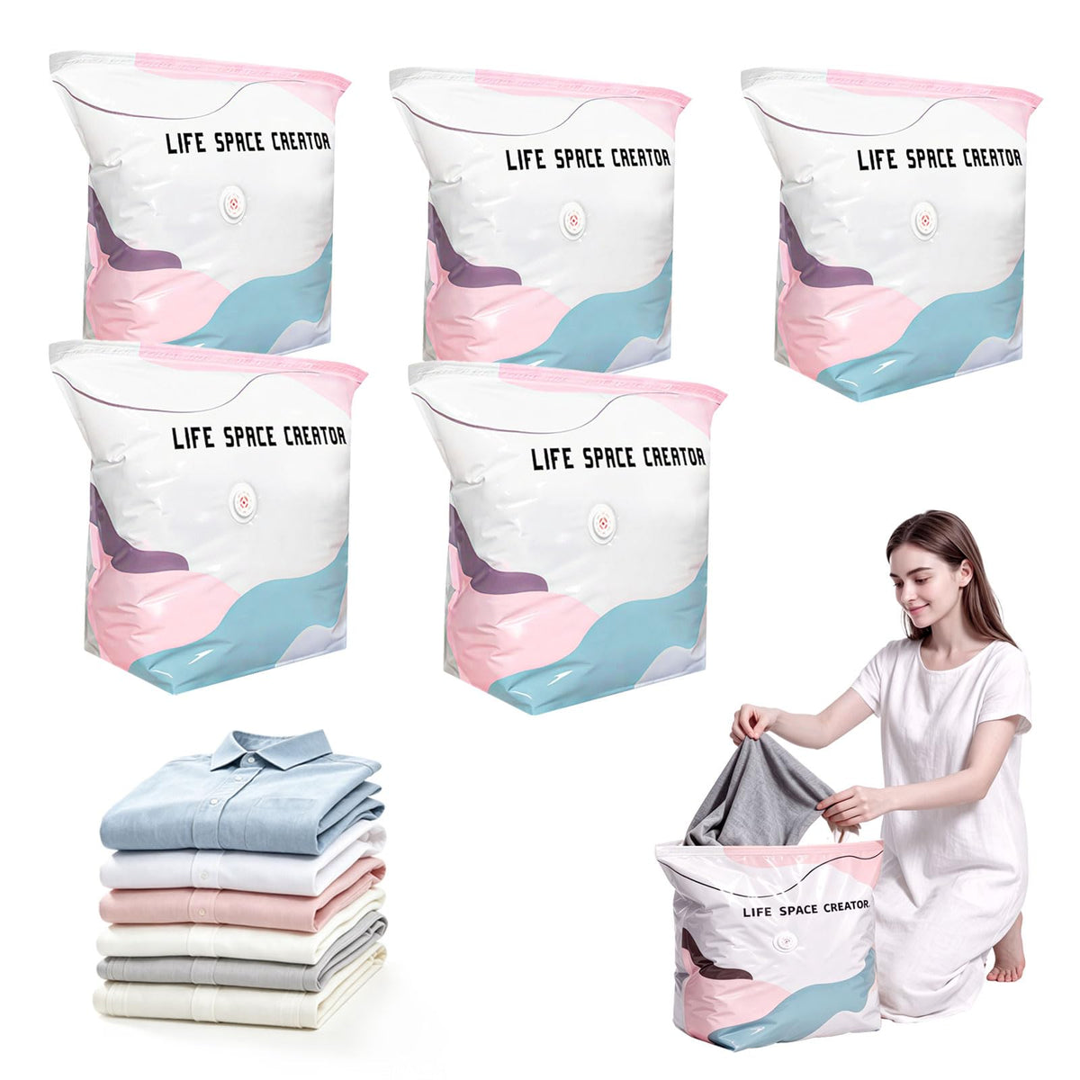 2PCS No Pump Vacuum Storage Bags, No Pump Large Vacuum Storage Compression Bags, Thick Airtight Reusable Organizer for Clothes Comforters Travel Moving Closet Storage (M+L)