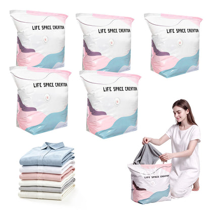 2PCS No Pump Vacuum Storage Bags, No Pump Large Vacuum Storage Compression Bags, Thick Airtight Reusable Organizer for Clothes Comforters Travel Moving Closet Storage (M+L)