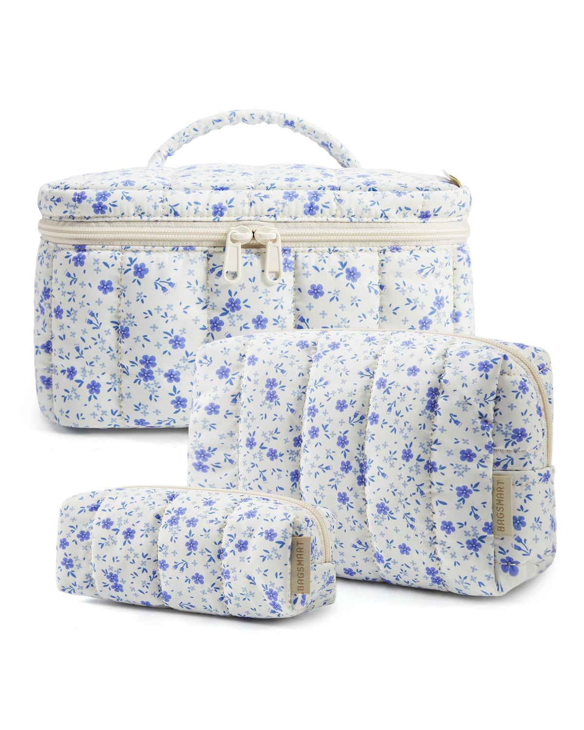 BAGSMART Travel Makeup Bag Set, 3 Pc Puffy Cosmetic Pouch, Camel