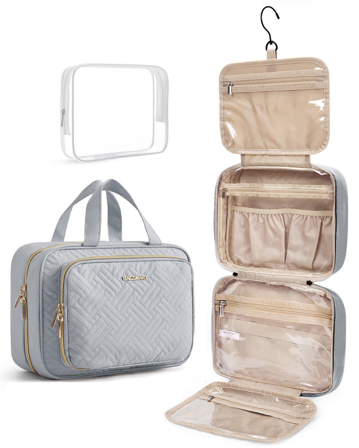 BAGSMART Toiletry Bag Hanging Travel Makeup Organizer with TSA Approved Transparent Cosmetic Bag Makeup Bag for Full Sized Toiletries, Medium-Black