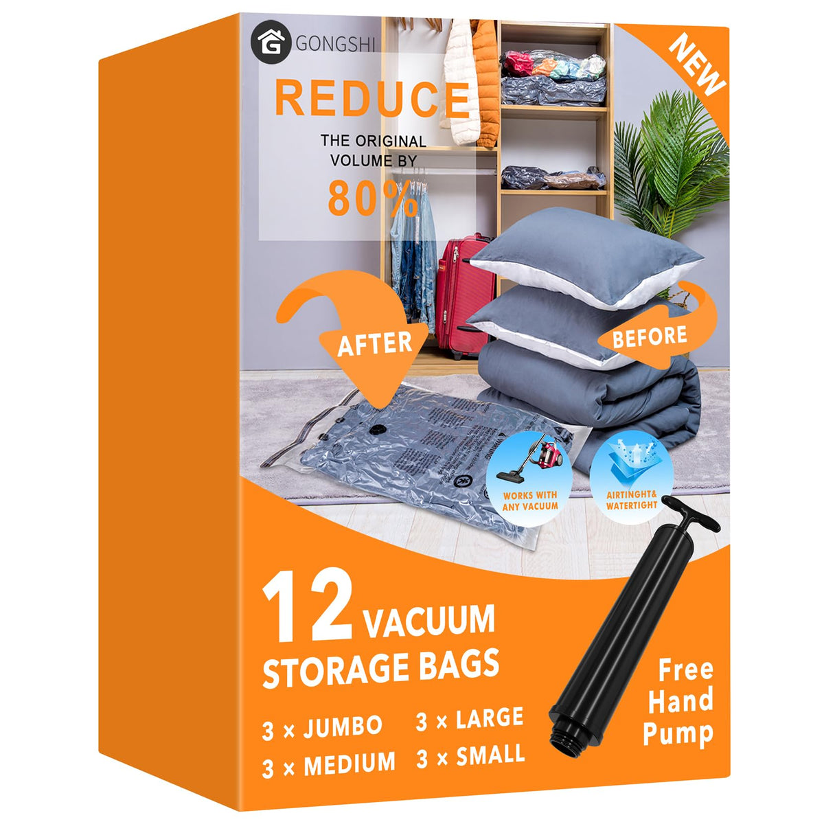 GONGSHI Vacuum Storage Bags for Clothing, 12-Pack, Jumbo