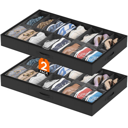 Lifewit Under Bed Shoe Storage Organizer 2 Pack(12 Shoes Cells), 4.3 Inches Profile Fabric Shoes Container Box with Clear Cover, Foldable Storage Bag with 2 Handles, Fits 12 to 24 Pairs