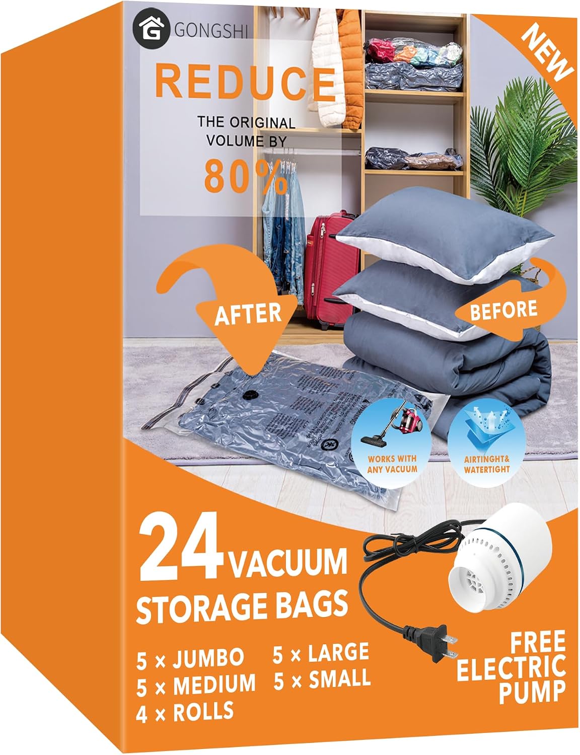 GONGSHI Vacuum Seal Bags for Clothing Travel & Home Storage, Travel Vacuum Bags with Pump,Space Saver for Blankets, Comforters, Pillows, Clothes,24 Combo with Electric Pump