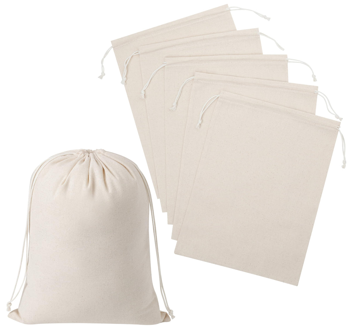 Black Cotton Drawstring Bags, Reusable Quality with Double String, For Storage Pantry Shoes Wardrobe Travel - Pack of 6 (Black Cotton Blend, 12 x 16 Inch)