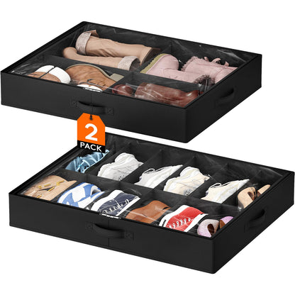 Lifewit Under Bed Shoe Storage Organizer 2 Pack(12 Shoes Cells), 4.3 Inches Profile Fabric Shoes Container Box with Clear Cover, Foldable Storage Bag with 2 Handles, Fits 12 to 24 Pairs