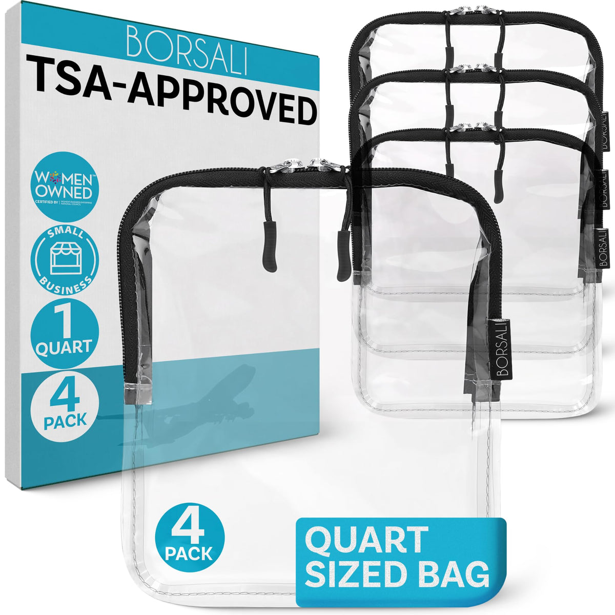 TSA Approved Toiletry Bag - Clear Quart Size for 3-1-1 LIquids - 4 Pack