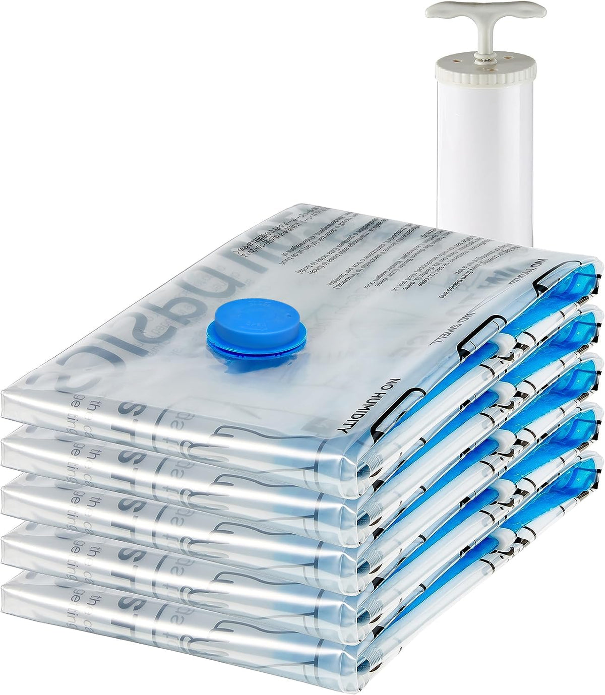 Amazon Basics Vacuum Storage Bags for Clothes, Compression Zipper with Hand Pump, Medium, White, Sky Blue, 5-Pack