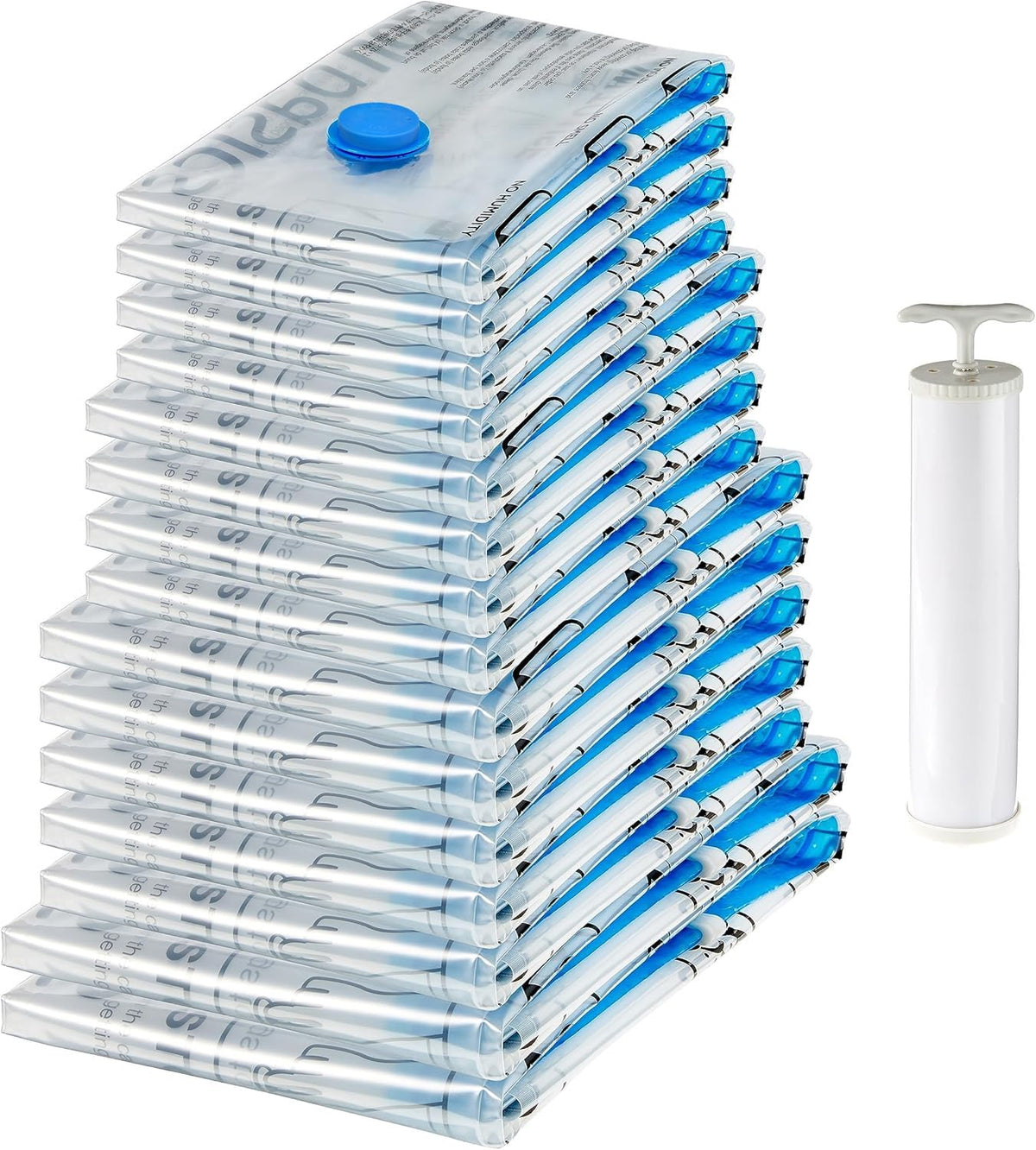 Amazon Basics Vacuum Storage Bags for Clothes, Compression Zipper with Hand Pump, Medium, White, Sky Blue, 5-Pack
