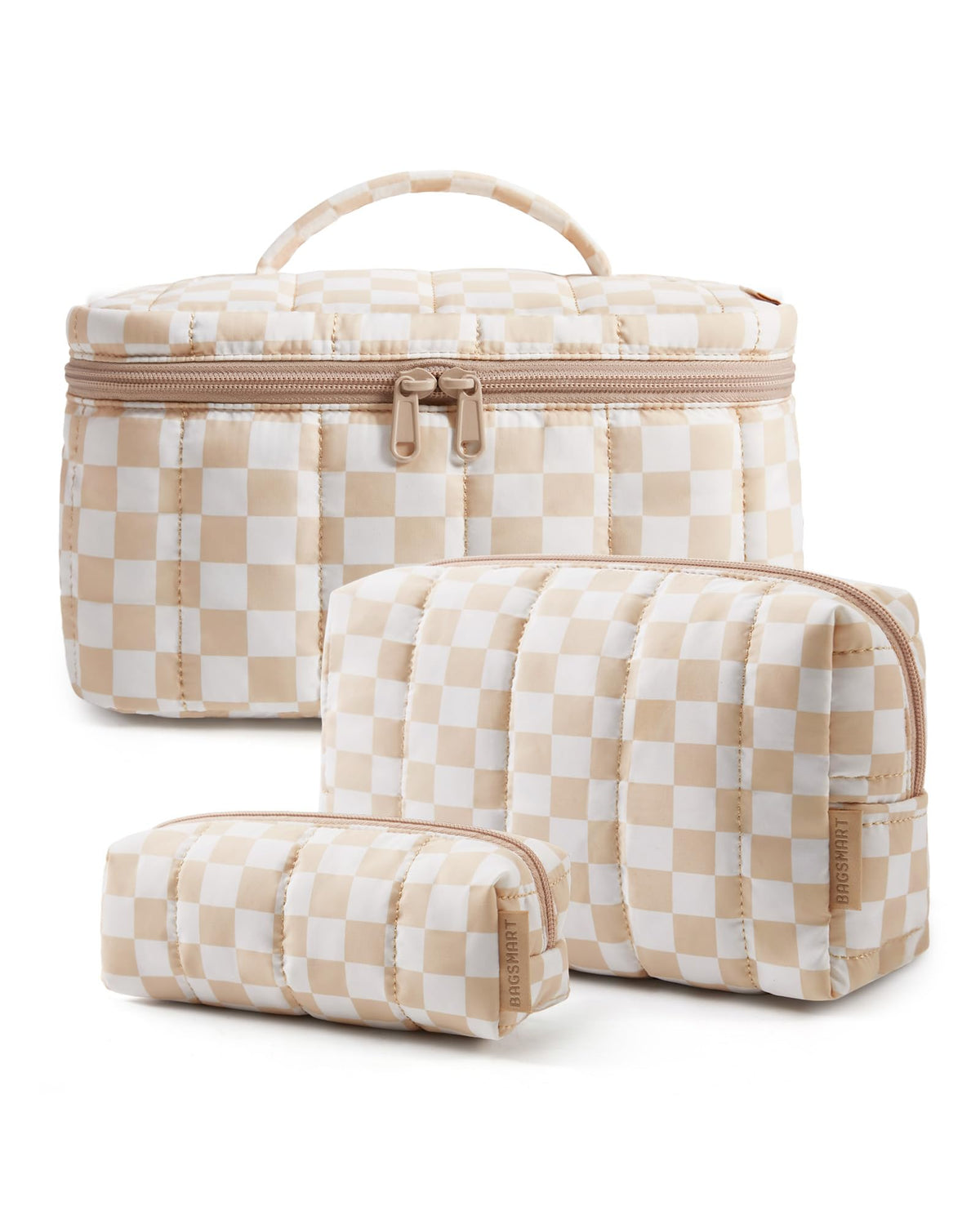 BAGSMART Travel Makeup Bag Set, 3 Pc Puffy Cosmetic Pouch, Camel