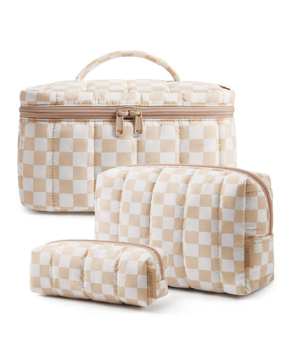 BAGSMART Travel Makeup Bag Set, 3 Pc Puffy Cosmetic Pouch, Camel