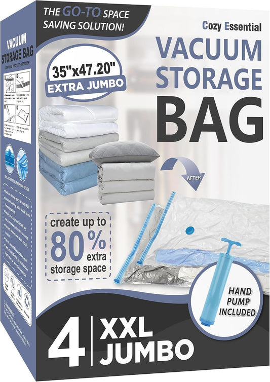 4 XXL Jumbo Vacuum Storage Bags for Bedding, Space Saver with Hand Pump