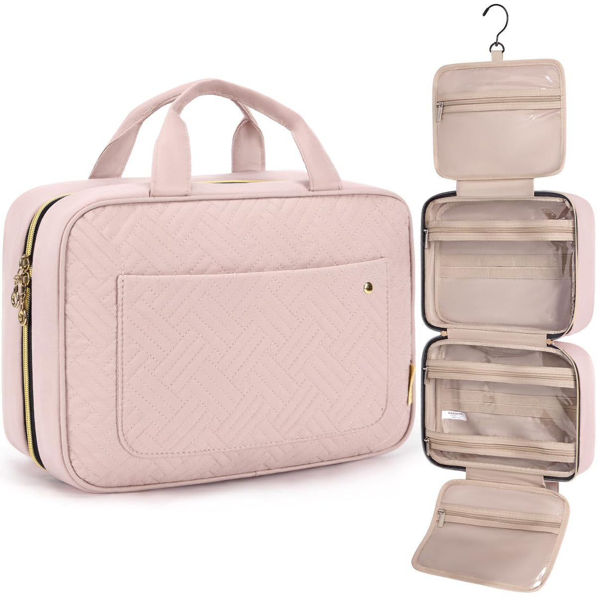 BAGSMART Large Toiletry Bag Travel Bag with Hanging Hook, Water-resistant Makeup Cosmetic Bag Travel Organizer for Accessories, Shampoo, Full Sized Container, Toiletries