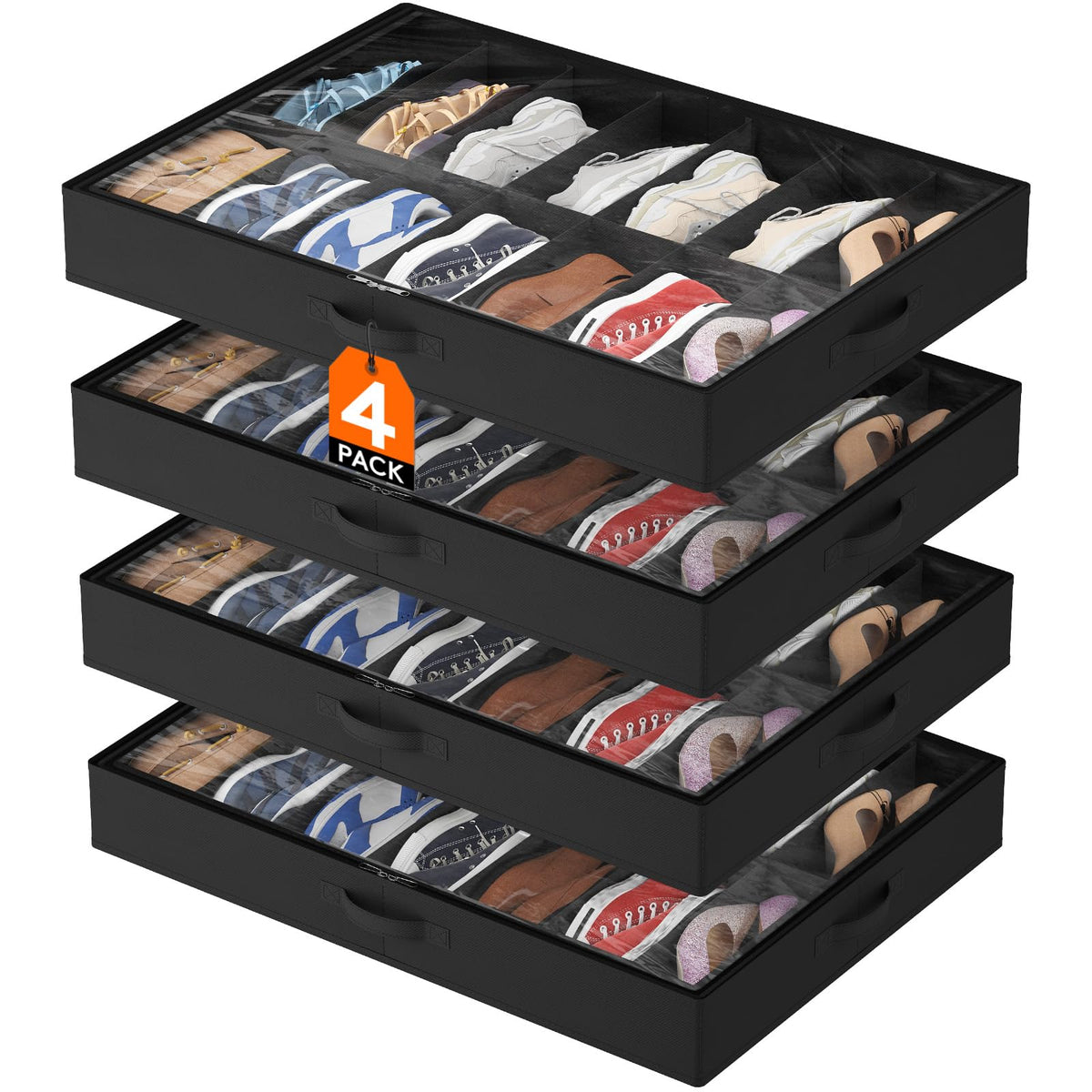 Lifewit Under Bed Shoe Storage Organizer 2 Pack(12 Shoes Cells), 4.3 Inches Profile Fabric Shoes Container Box with Clear Cover, Foldable Storage Bag with 2 Handles, Fits 12 to 24 Pairs