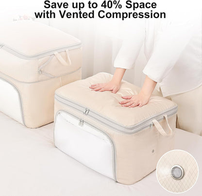 Comforter Storage Bag - Large Capacity Blanket Storage Bags Front-opening Ultra Space Saving Self Compression Organizer, Washable Compression Bags for Storage Comforter Blanket, 1 Pack, Beige