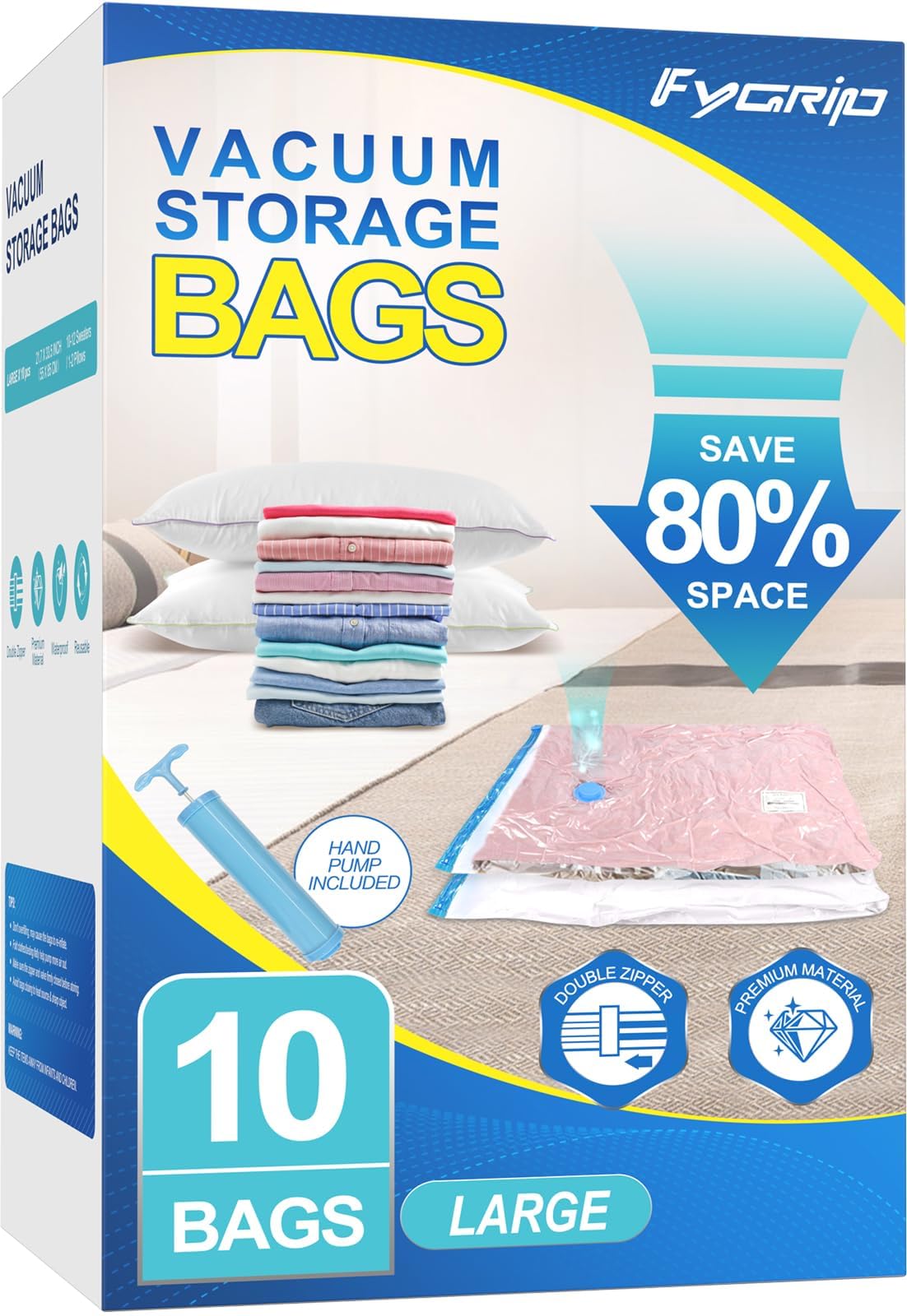 Fygrip 80% Space Saver Vacuum Storage Bags with Hand Pump, 10 Jumbo
