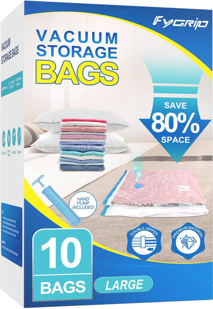 Fygrip 80% Space Saver Vacuum Storage Bags with Hand Pump, 10 Jumbo