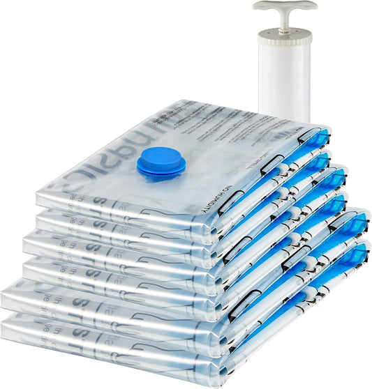 Amazon Basics Vacuum Storage Bags for Clothing, Multiple Sizes Compression Zipper Bags with Hand Pump for Space Saving and Travel, 6-Pack (2 Medium, 2 Large, 2 Jumbo), Transparent